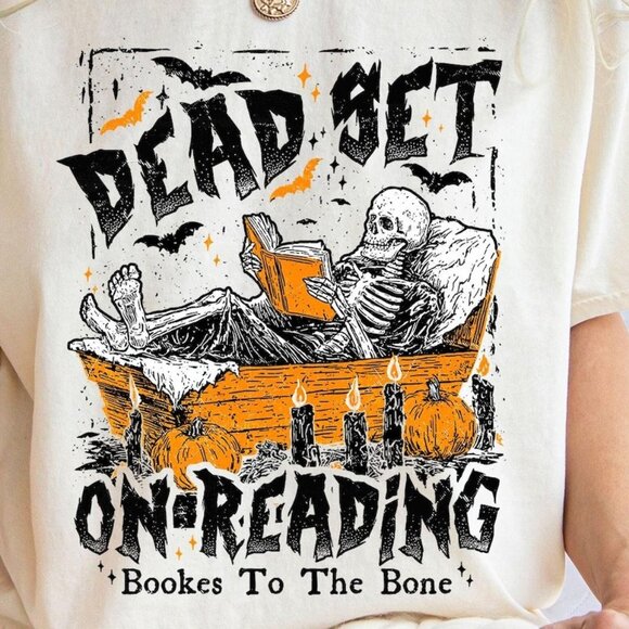 Funny Book Dead Set On Reading Skeleton Halloween T Shirt - Picture 2 of 3